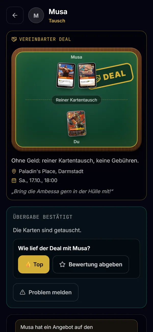 Übergabe bestätigt mit Bewertung