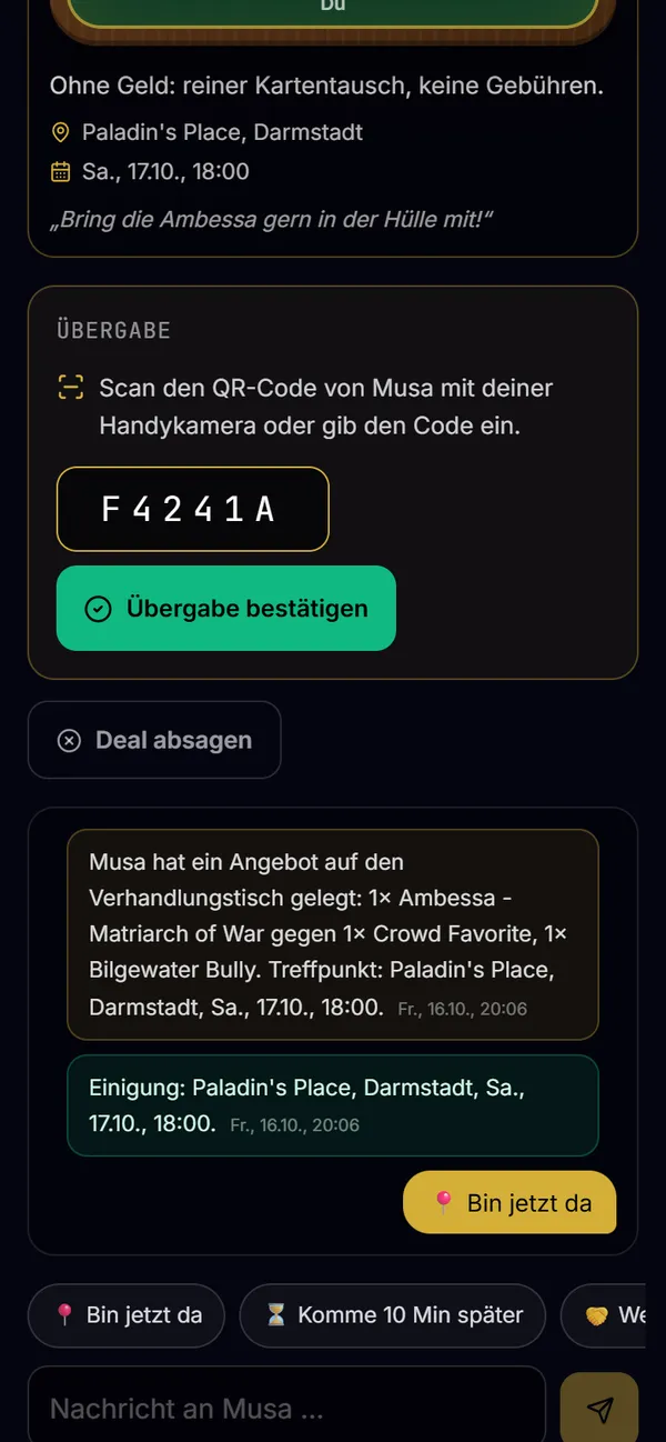 Code eingegeben, Übergabe bestätigen, Schnellnachrichten
